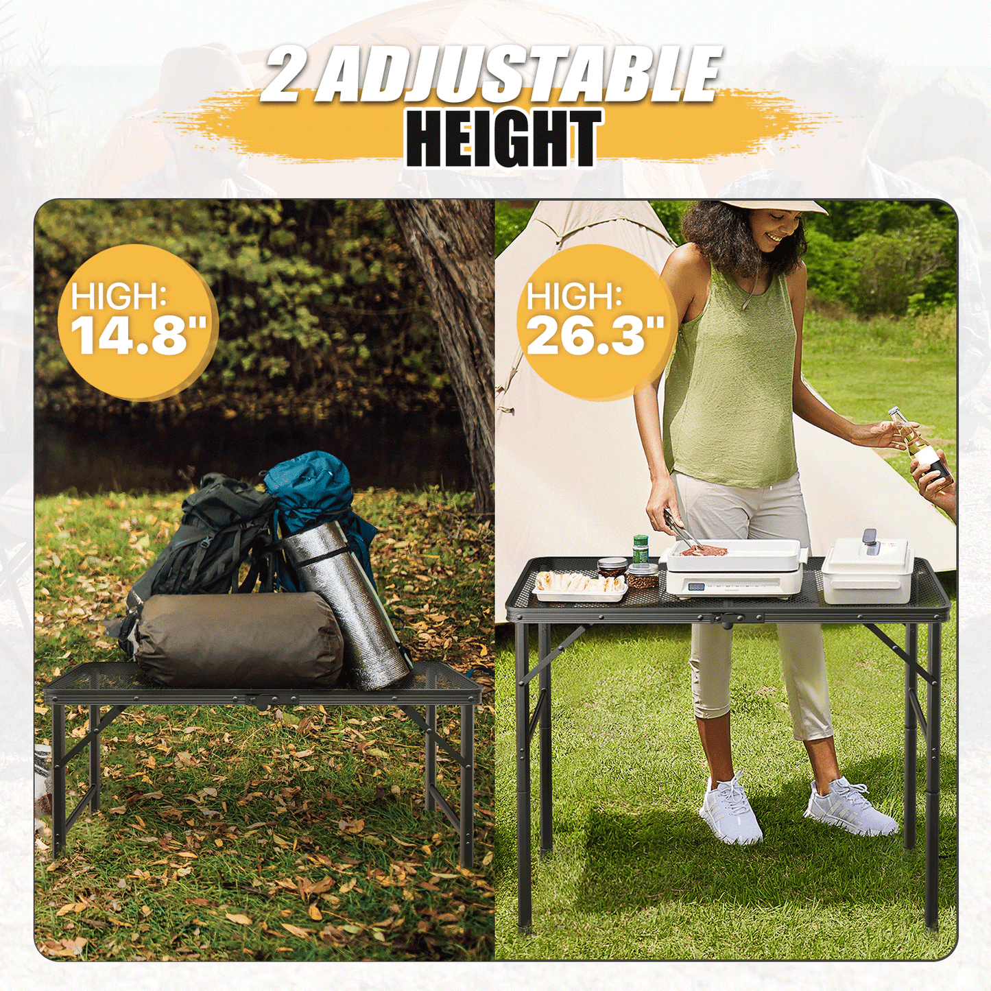 Grill Table 66 lbs Capacity - (L)33.5in. (W)15.8in. (H)26.3in. - 2 height adjustments:14.8in. - 26.3in. - Black