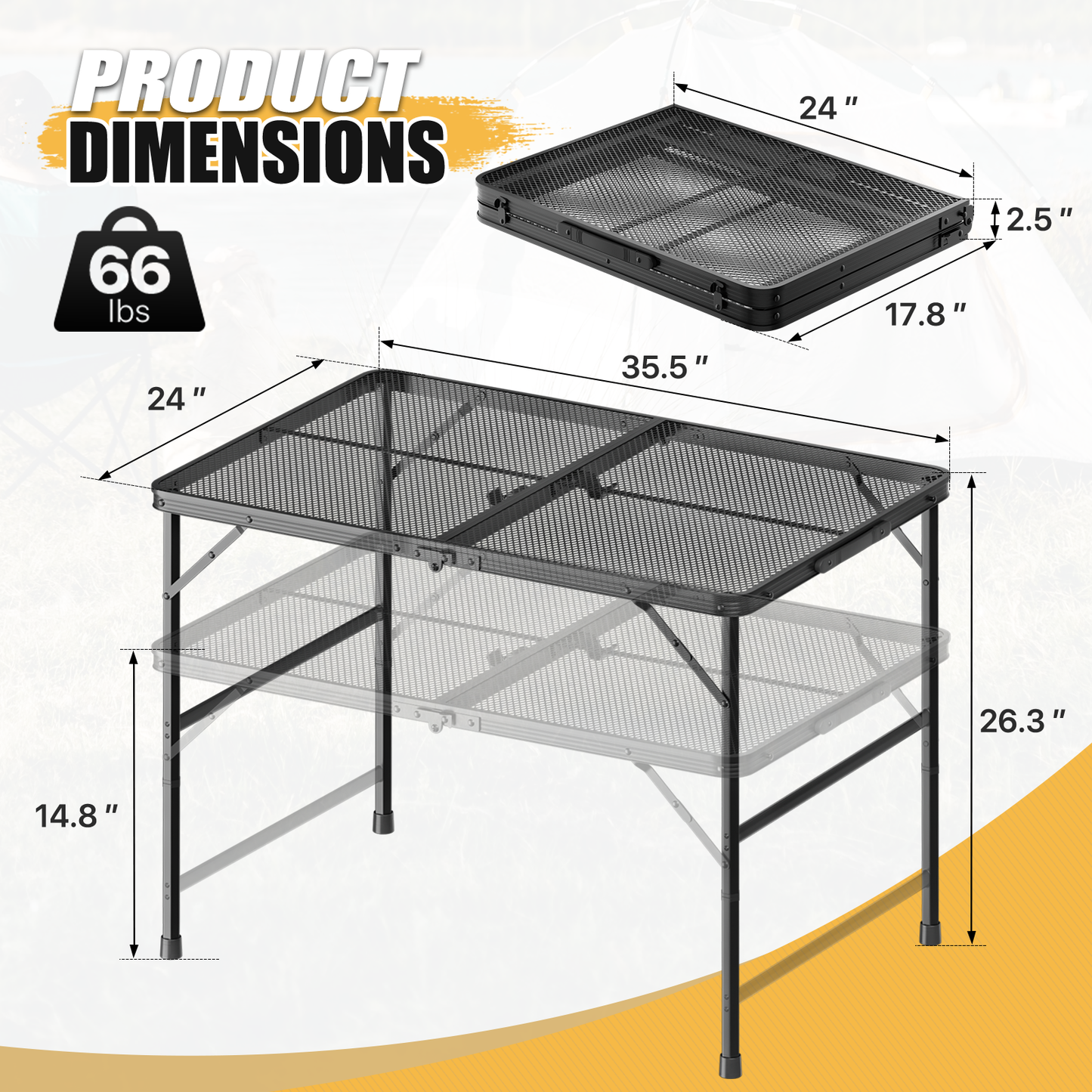 Grill Table 66 lbs Capacity - (L)35.5in. (W)24.0in. (H)26.3in. - 2 height adjustments: 14.8in. - 26.3in. -Black