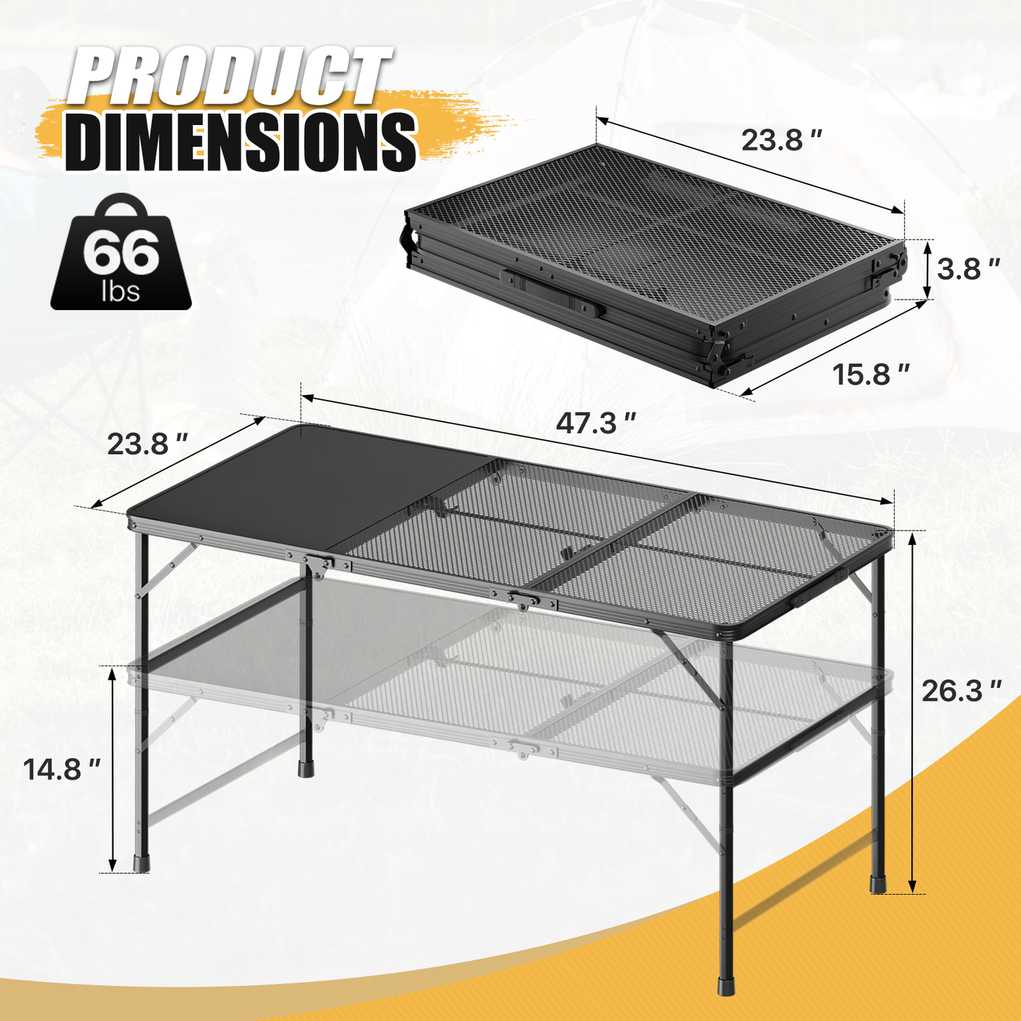 Grill Table 66 lbs Capacity - (L)47.3in. (W)23.8in. (H)26.3in. - 2 height adjustments: 14.8in. - 26.3in. -Black