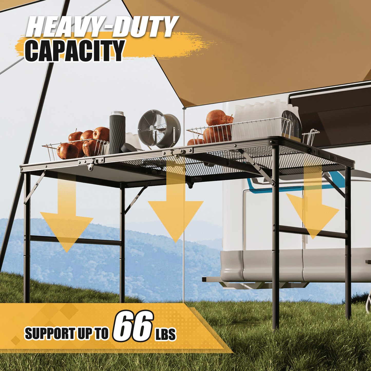 Grill Table 66 lbs Capacity - (L)47.3in. (W)23.8in. (H)26.3in. - 2 height adjustments: 14.8in. - 26.3in. -Black