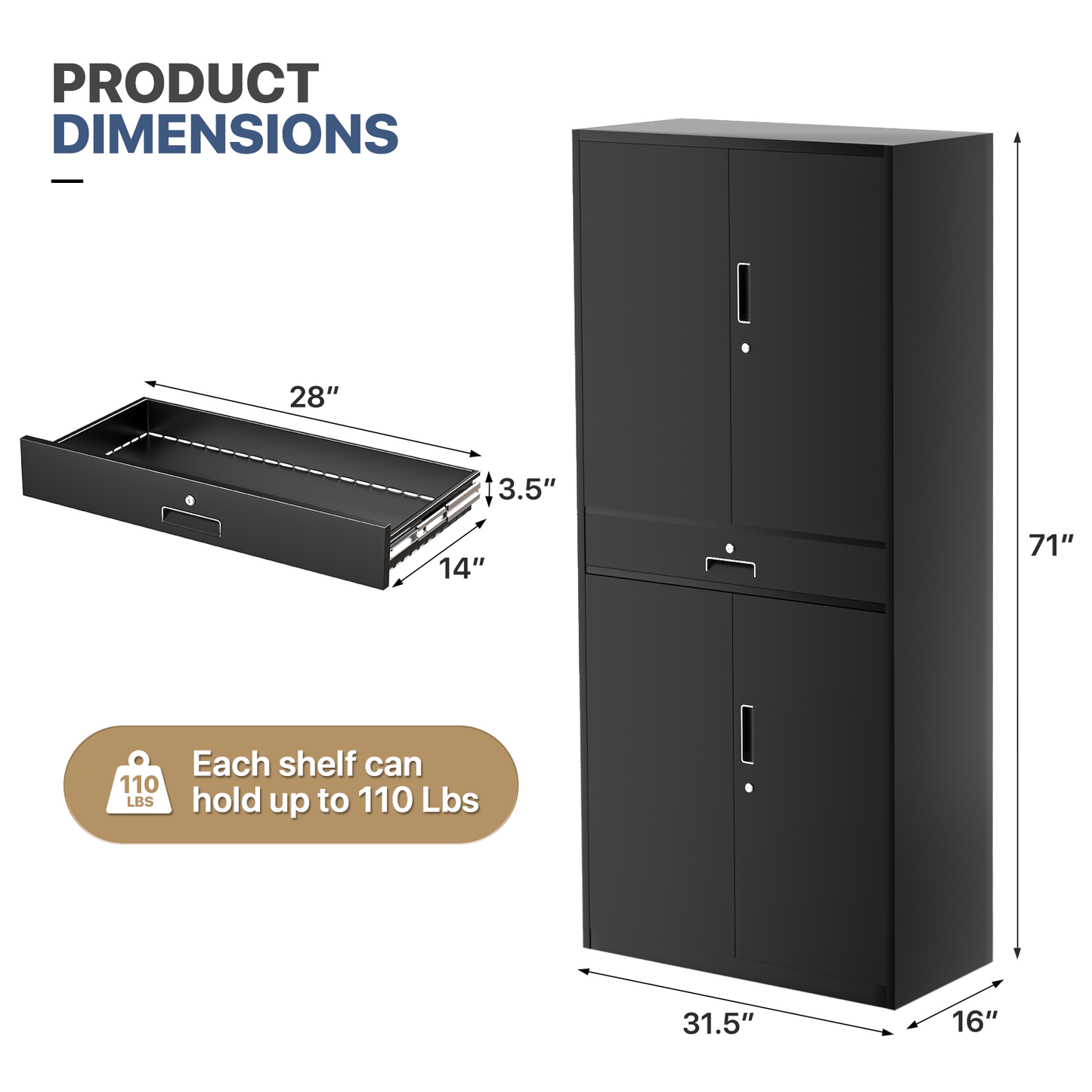 Metal Storage Cabinets with Lock-71"H x 31.5"W x 15.75"D-with Drawer+2 Doors
