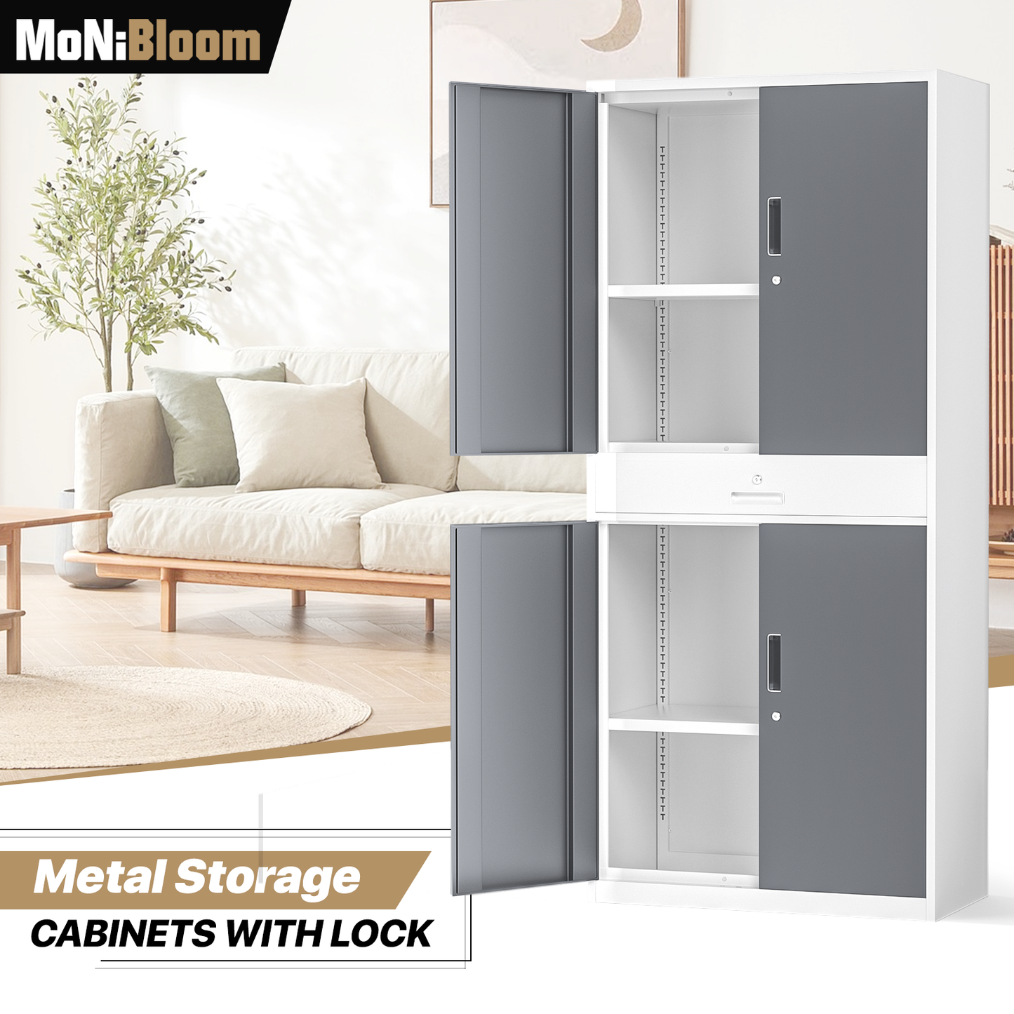 Metal Storage Cabinets with Lock-71"H x 31.5"W x 15.75"D-with Drawer+2 Doors