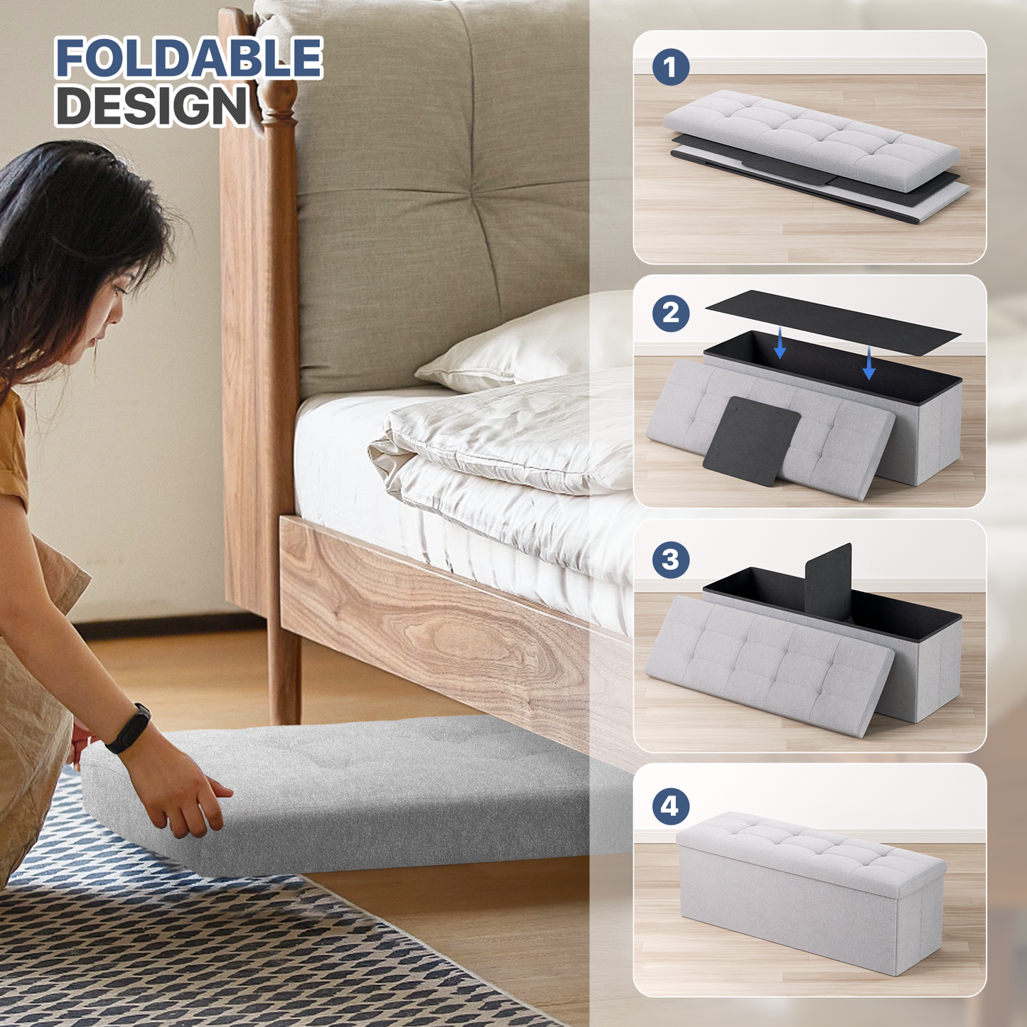 High Elastic Sponge Storage Ottoman 220 lbs Capacity - (L)43.0in. (W)15.0in. (H)14.5in. - Linen