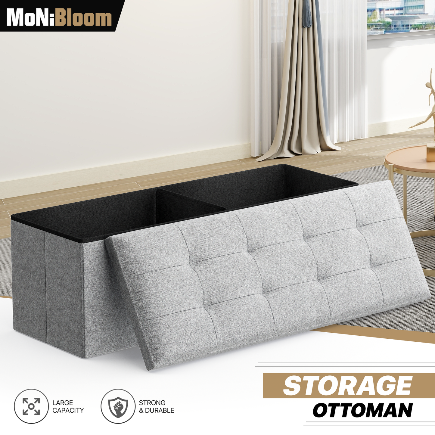 High Elastic Sponge Storage Ottoman 220 lbs Capacity - (L)43.0in. (W)15.0in. (H)14.5in. - Linen