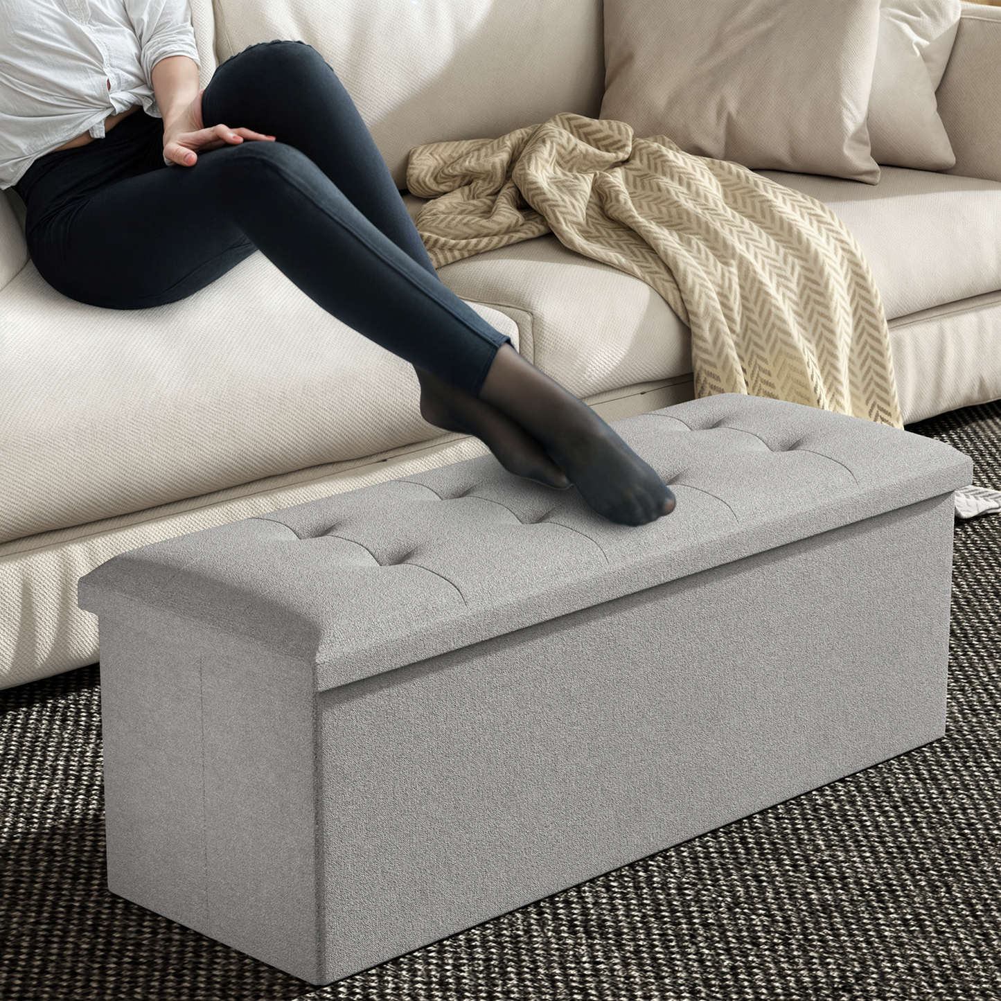 High Elastic Sponge Storage Ottoman 220 lbs Capacity - (L)43.0in. (W)15.0in. (H)14.5in. - Linen