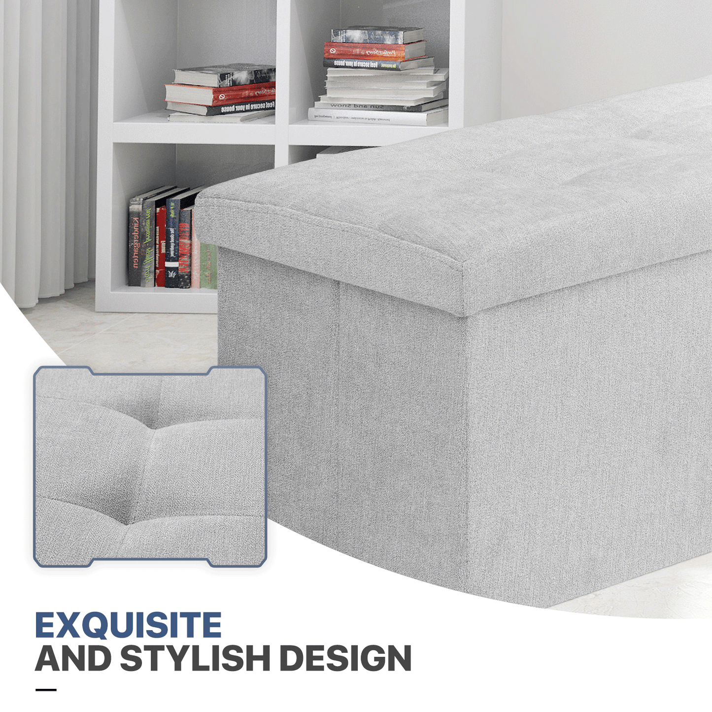 High Elastic Sponge Storage Ottoman 220 lbs Capacity - (L)43.0in. (W)15.0in. (H)14.5in. - Linen