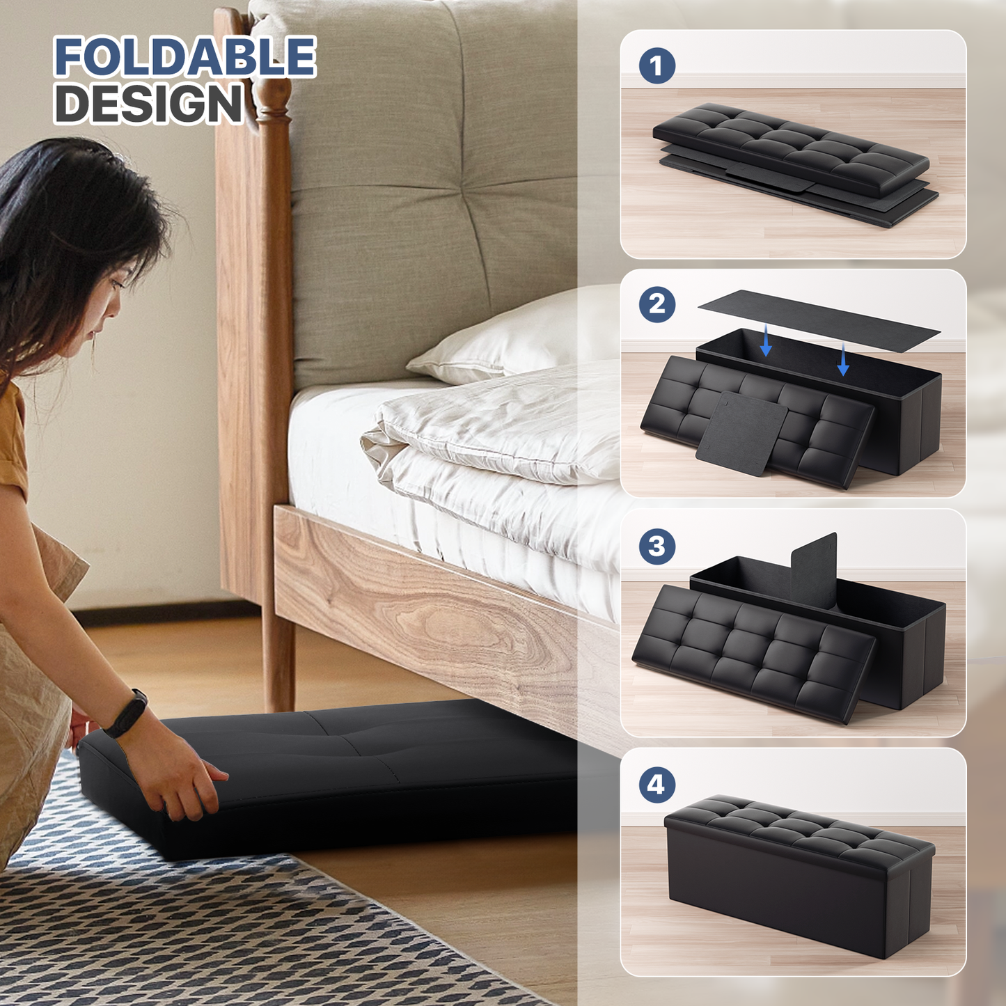 High Elastic Sponge Storage Ottoman 220 lbs Capacity - (L)43.0in. (W)15.0in. (H)14.5in. - PU