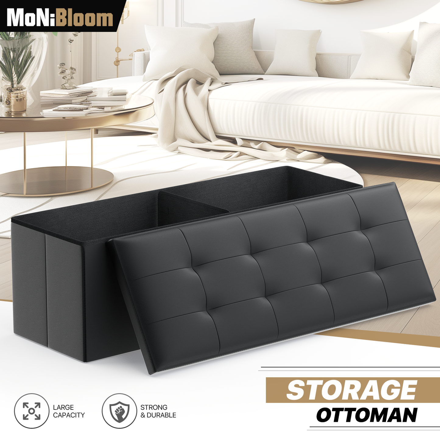 High Elastic Sponge Storage Ottoman 220 lbs Capacity - (L)43.0in. (W)15.0in. (H)14.5in. - PU