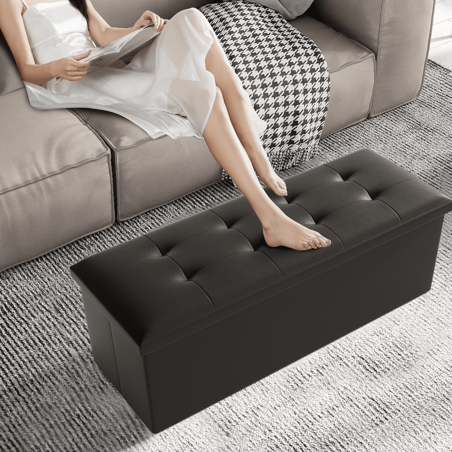 High Elastic Sponge Storage Ottoman 220 lbs Capacity - (L)43.0in. (W)15.0in. (H)14.5in. - PU