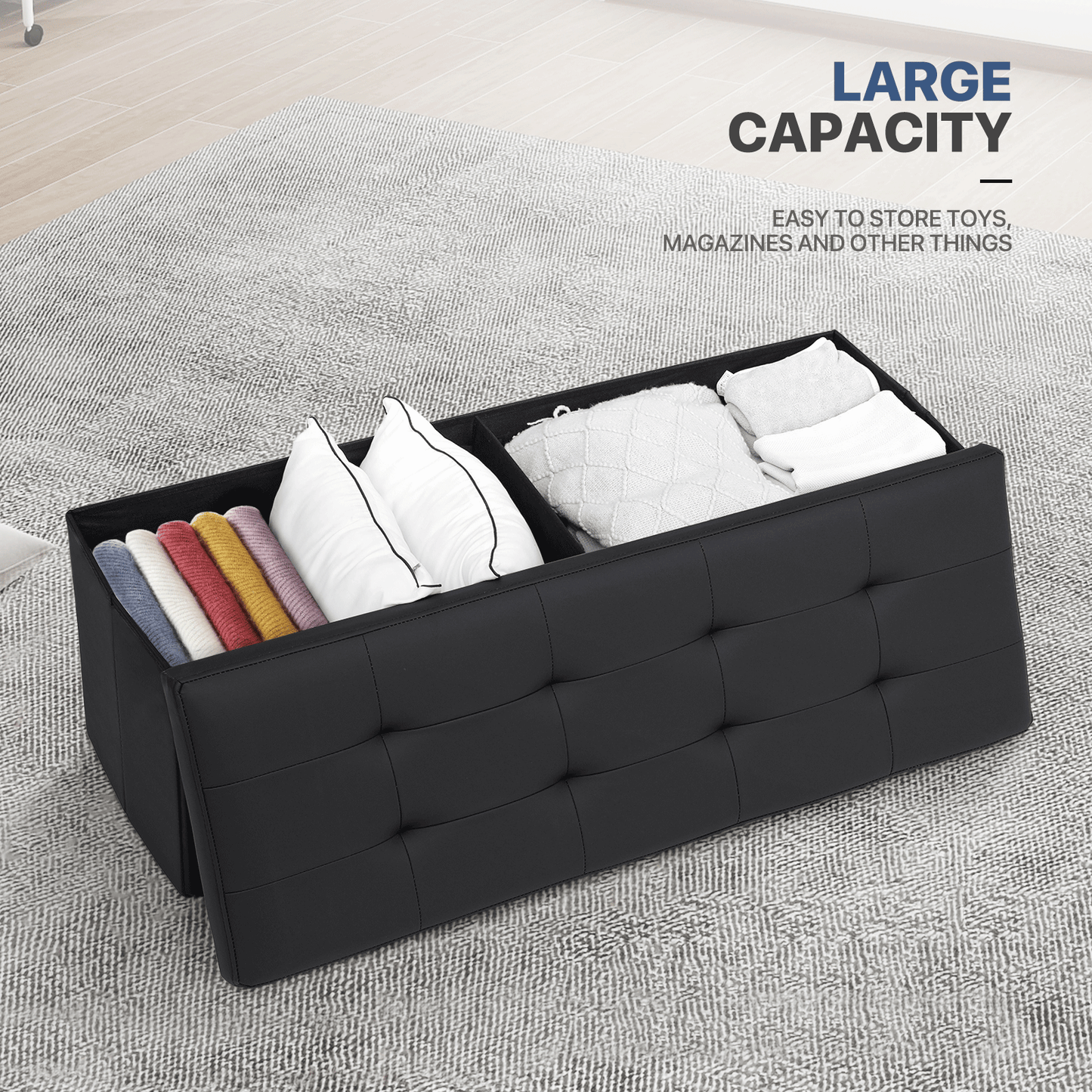 High Elastic Sponge Storage Ottoman 220 lbs Capacity - (L)43.0in. (W)15.0in. (H)14.5in. - PU