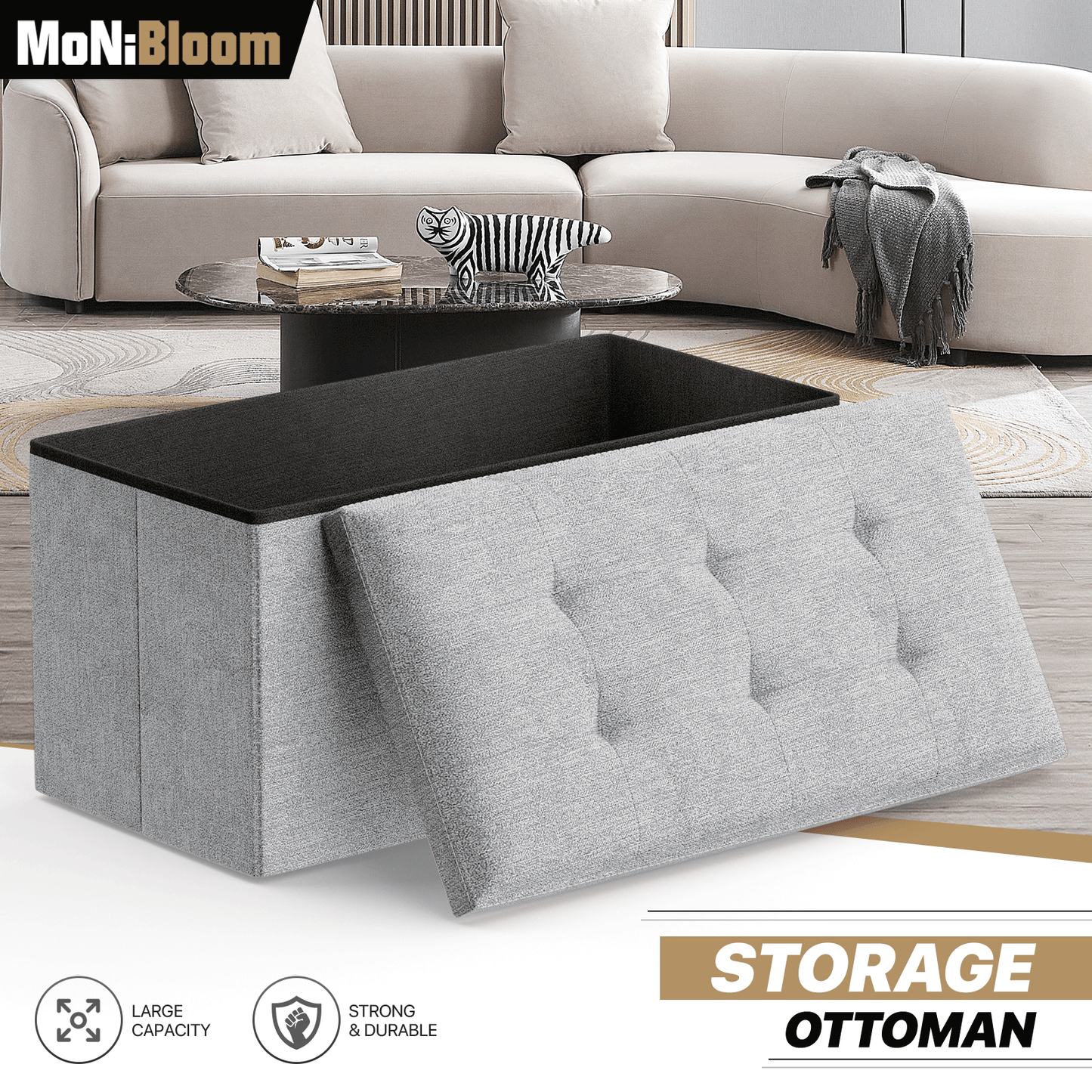 High Elastic Sponge Storage Ottoman 220 lbs Capacity - (L)30.0in. (W)15.0in. (H)14.5in. - Linen