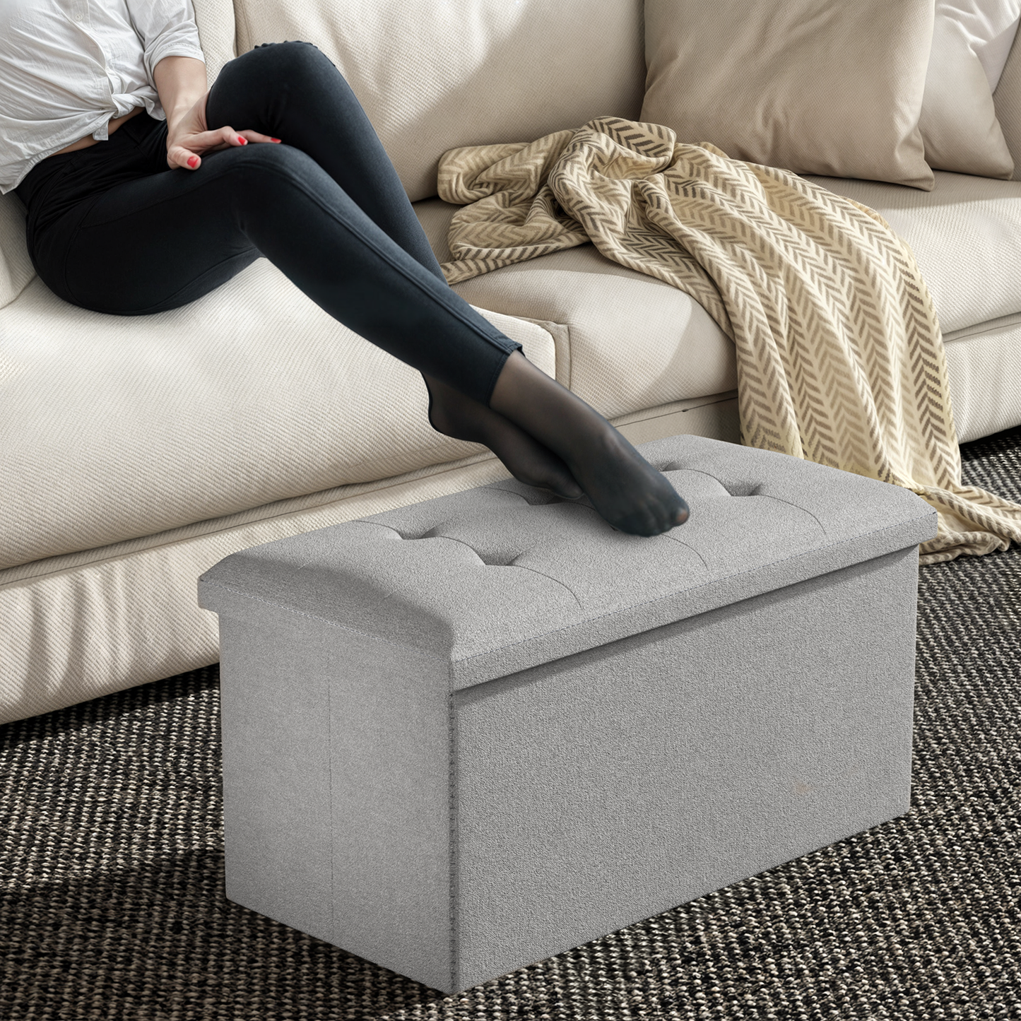 High Elastic Sponge Storage Ottoman 220 lbs Capacity - (L)30.0in. (W)15.0in. (H)14.5in. - Linen