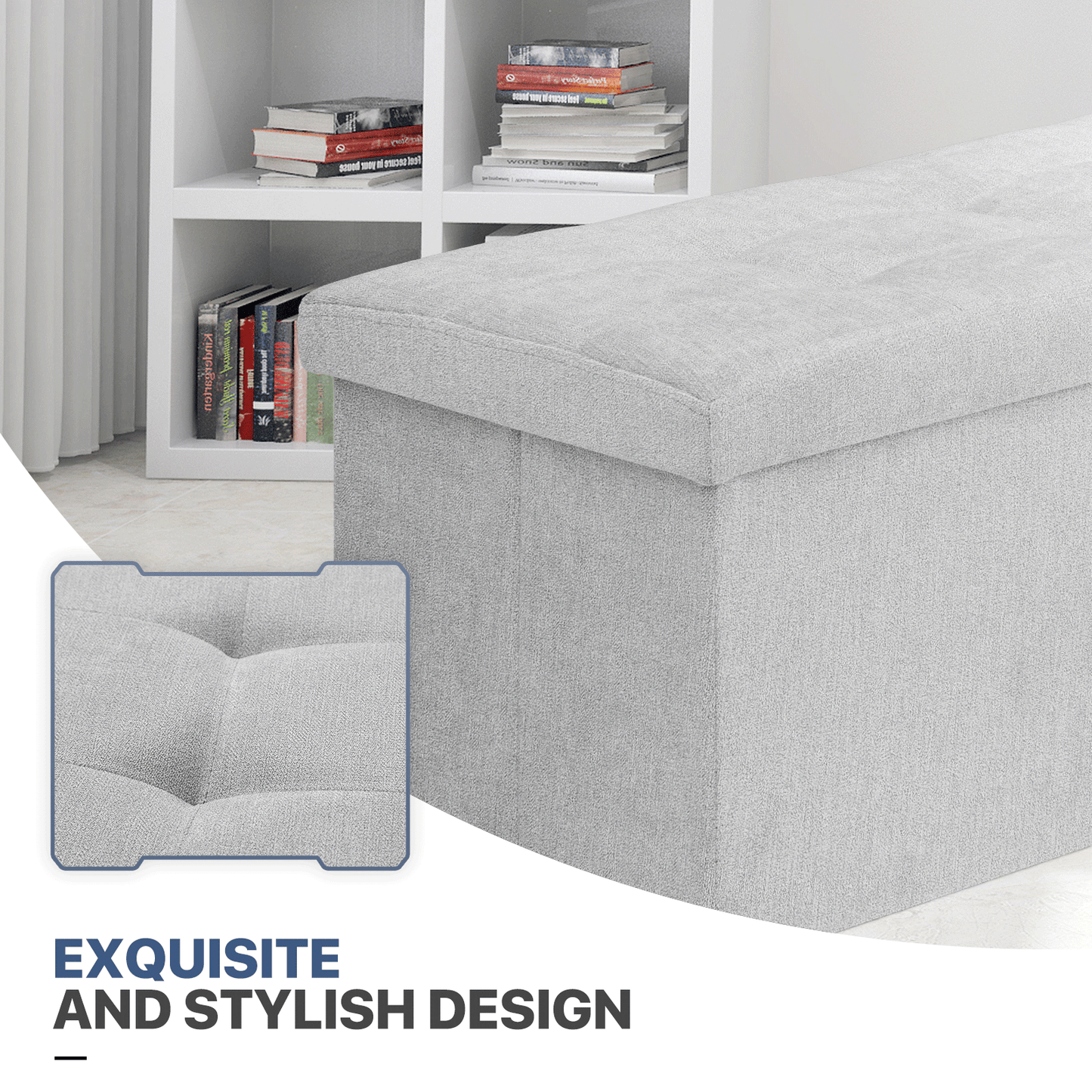 High Elastic Sponge Storage Ottoman 220 lbs Capacity - (L)30.0in. (W)15.0in. (H)14.5in. - Linen