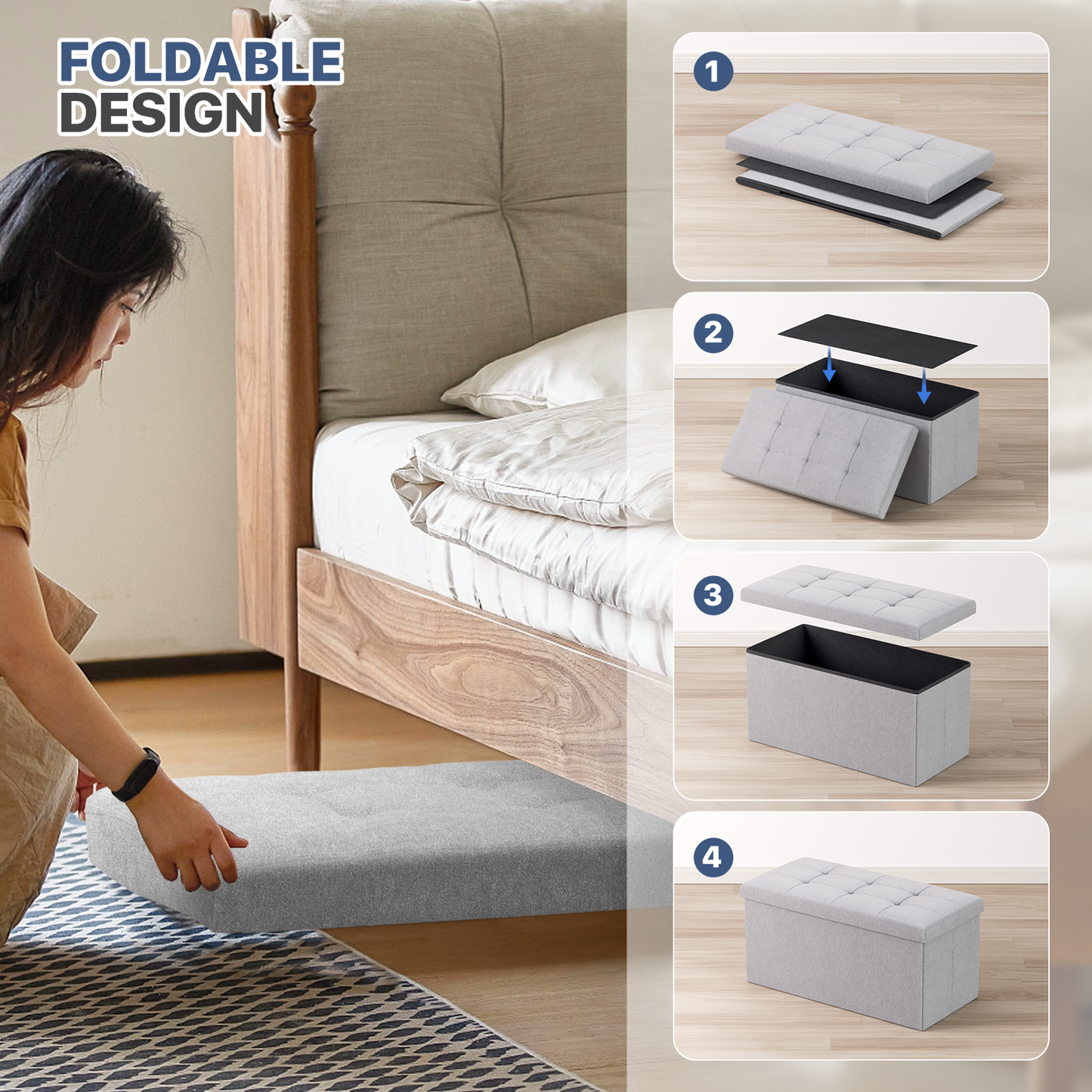 High Elastic Sponge Storage Ottoman 220 lbs Capacity - (L)30.0in. (W)15.0in. (H)14.5in. - Linen