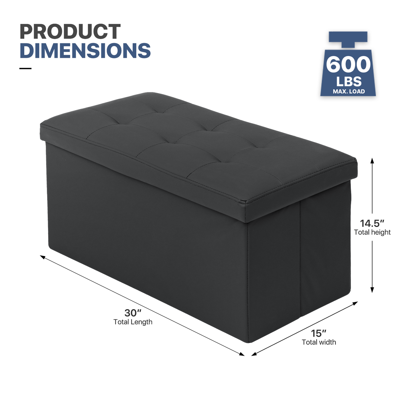 High Elastic Sponge Storage Ottoman 220 lbs Capacity - (L)30.0in. (W)15.0in. (H)14.5in. - PU