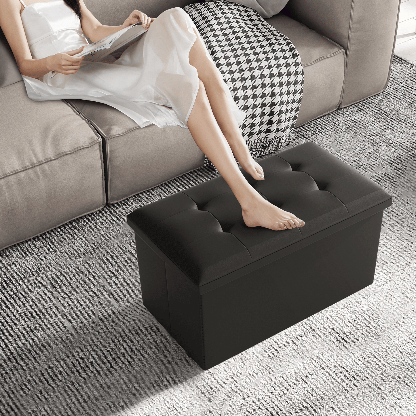 High Elastic Sponge Storage Ottoman 220 lbs Capacity - (L)30.0in. (W)15.0in. (H)14.5in. - PU