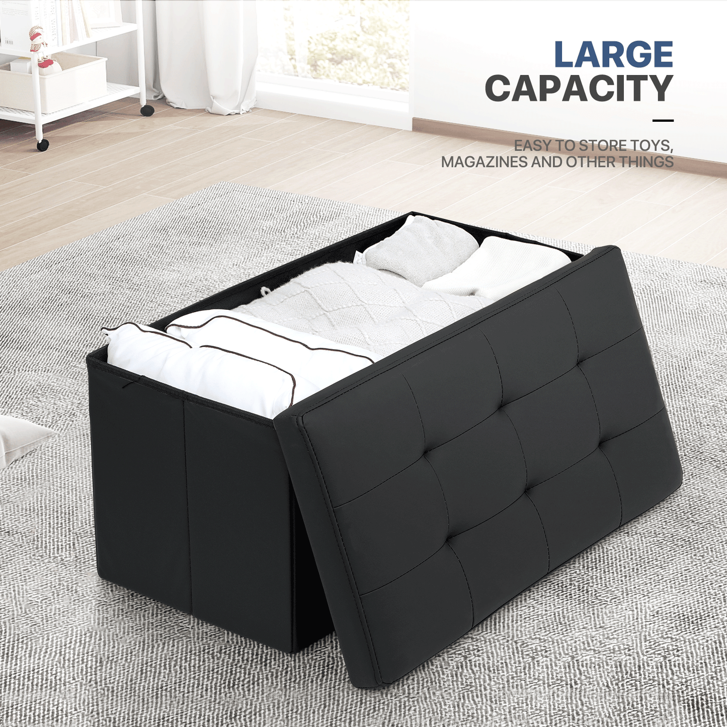 High Elastic Sponge Storage Ottoman 220 lbs Capacity - (L)30.0in. (W)15.0in. (H)14.5in. - PU