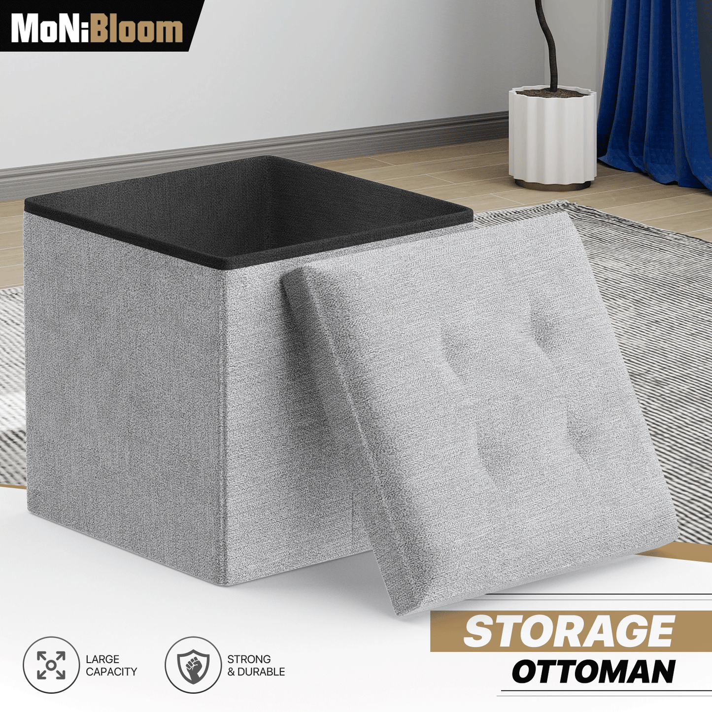 High Elastic Sponge Storage Ottoman 220 lbs Capacity - (L)15.0in. (W)15.0in. (H)15.0in. - Linen