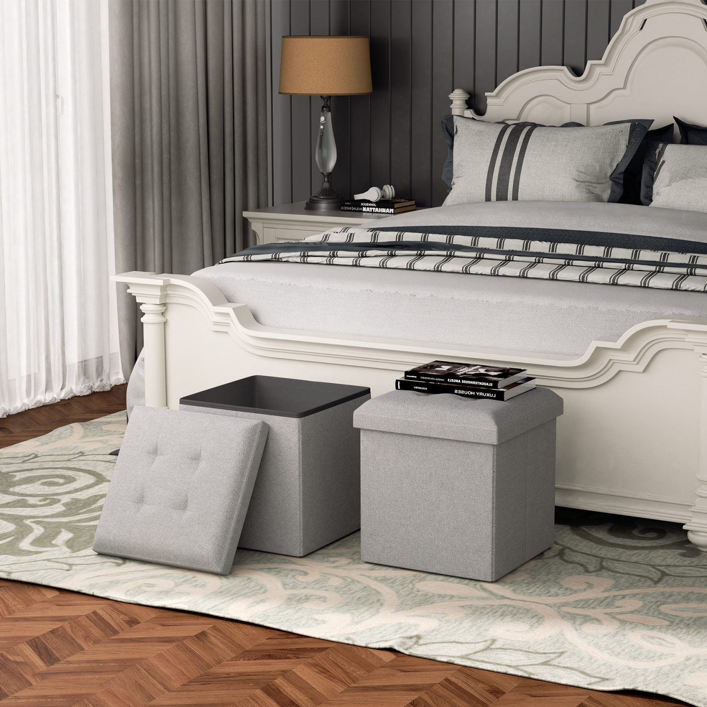 High Elastic Sponge Storage Ottoman 220 lbs Capacity - (L)15.0in. (W)15.0in. (H)15.0in. - Linen