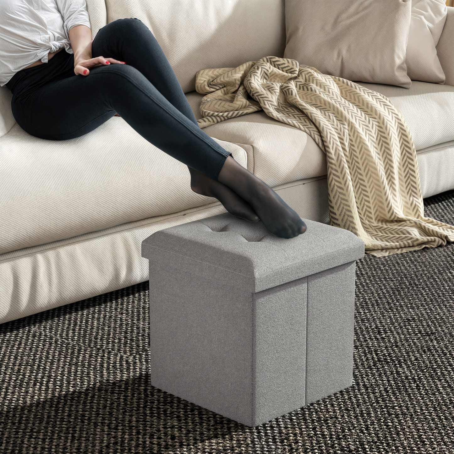High Elastic Sponge Storage Ottoman 220 lbs Capacity - (L)15.0in. (W)15.0in. (H)15.0in. - Linen