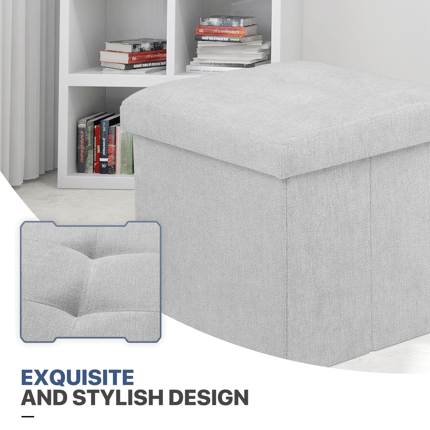 High Elastic Sponge Storage Ottoman 220 lbs Capacity - (L)15.0in. (W)15.0in. (H)15.0in. - Linen