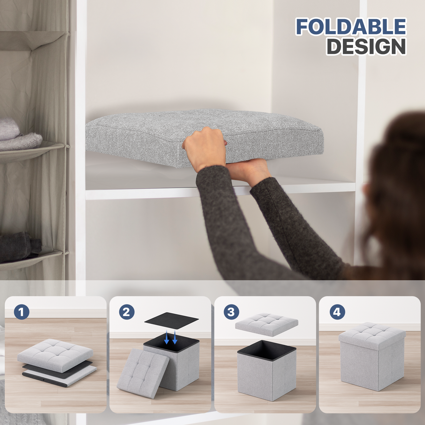 High Elastic Sponge Storage Ottoman 220 lbs Capacity - (L)15.0in. (W)15.0in. (H)15.0in. - Linen