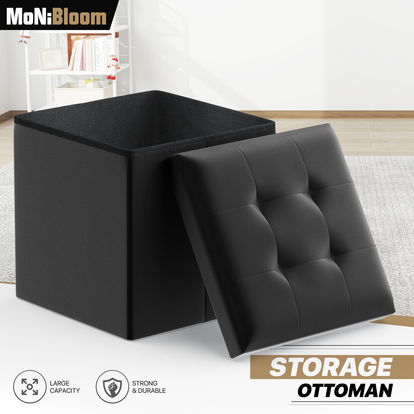 High Elastic Sponge Storage Ottoman 220 lbs Capacity - (L)15.0in. (W)15.0in. (H)15.0in. - PU