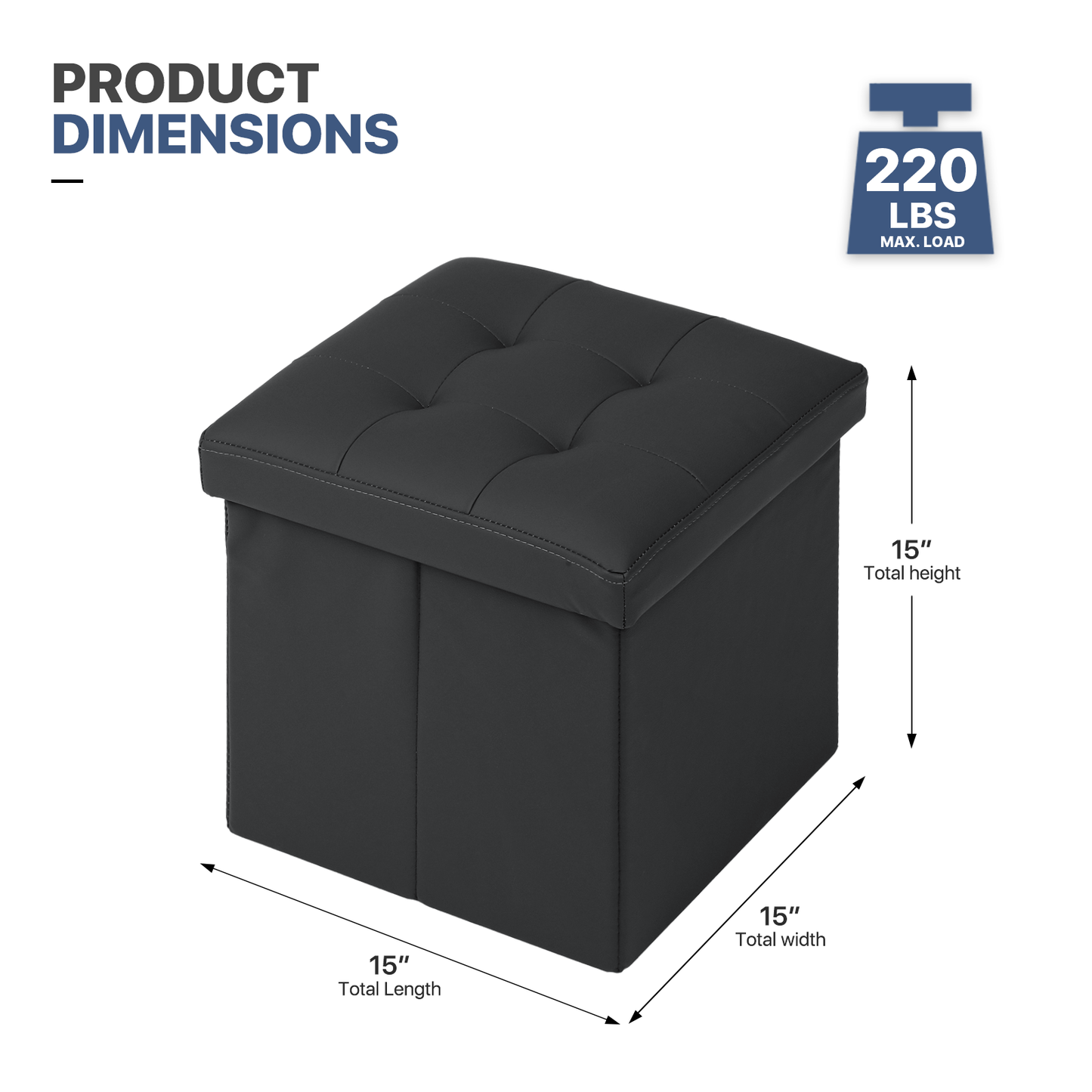High Elastic Sponge Storage Ottoman 220 lbs Capacity - (L)15.0in. (W)15.0in. (H)15.0in. - PU