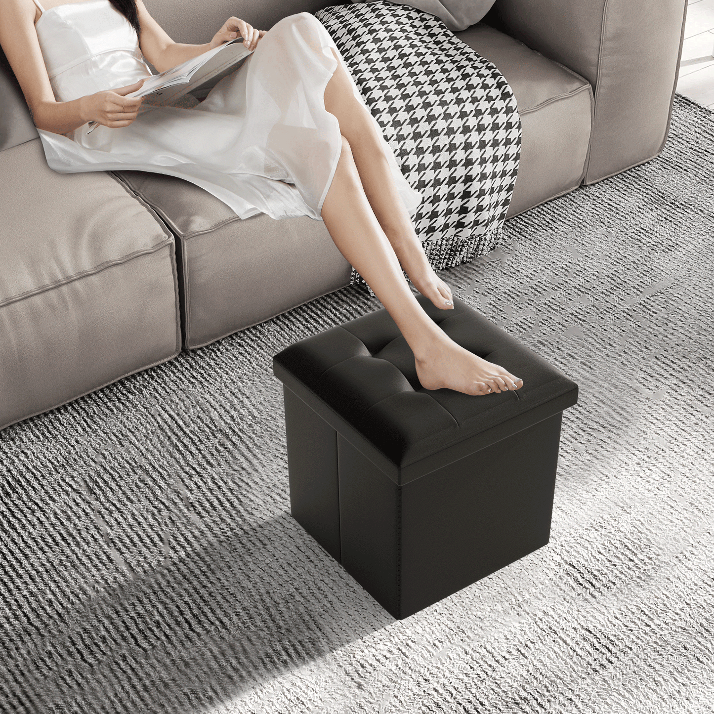 High Elastic Sponge Storage Ottoman 220 lbs Capacity - (L)15.0in. (W)15.0in. (H)15.0in. - PU