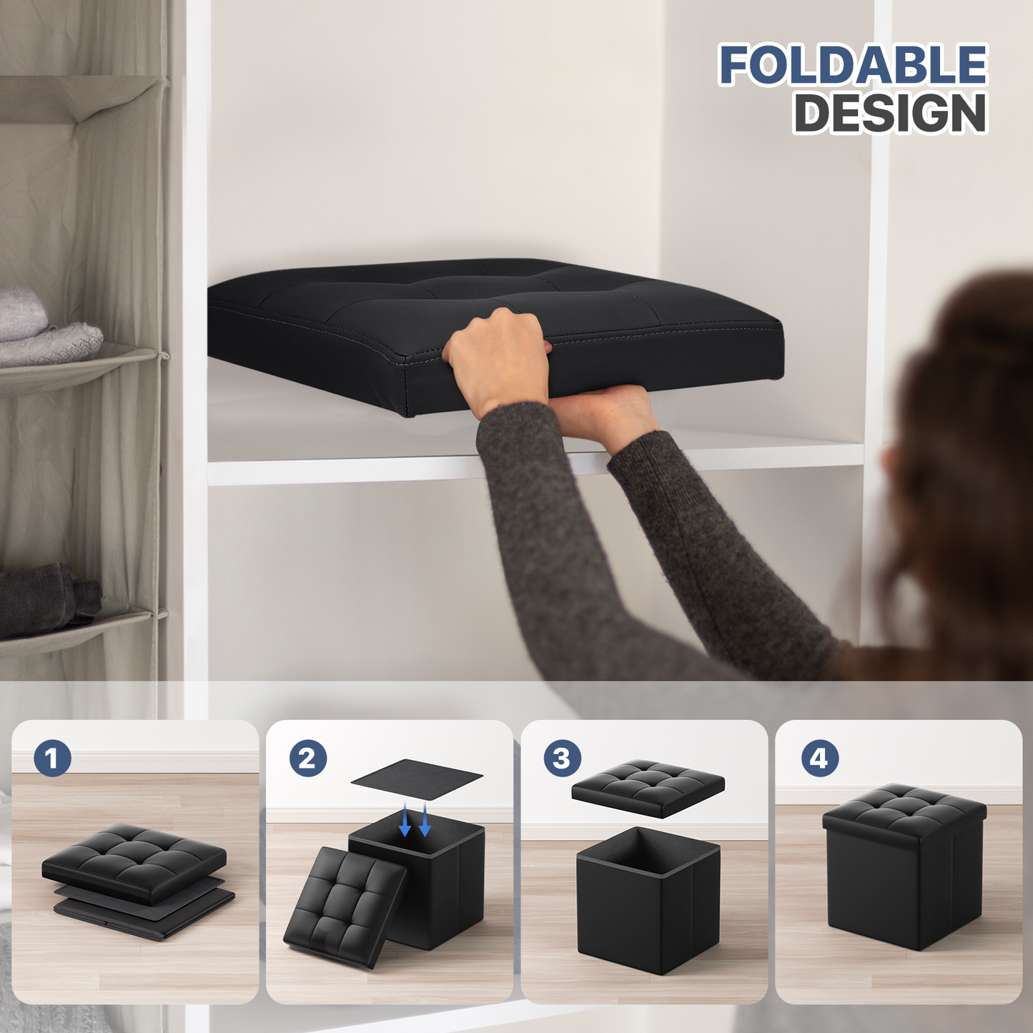 High Elastic Sponge Storage Ottoman 220 lbs Capacity - (L)15.0in. (W)15.0in. (H)15.0in. - PU