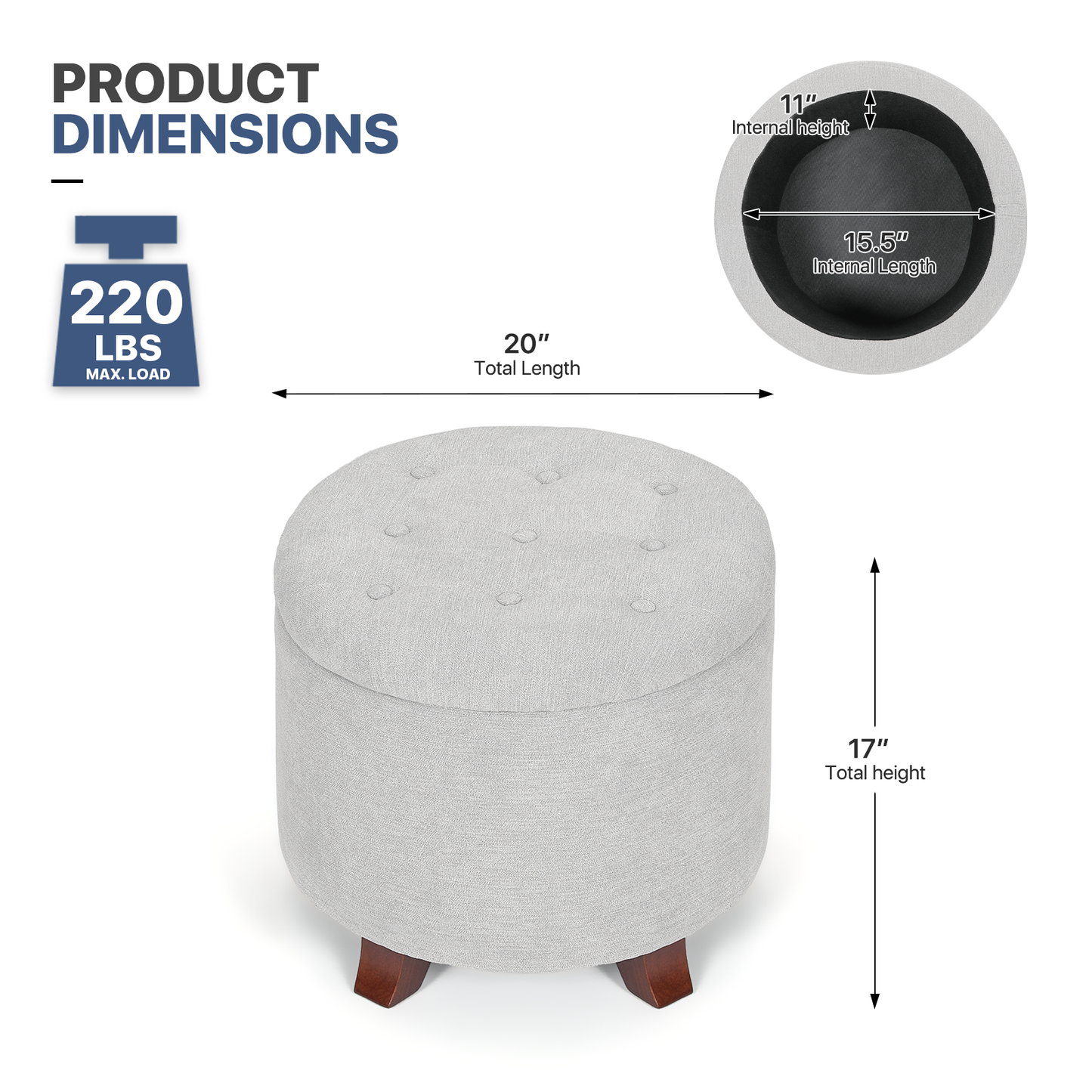 High Elastic Sponge Storage Ottoman 220 lbs Capacity - (L)20.0in. (W)20.0in. (H)17.0in. - Linen