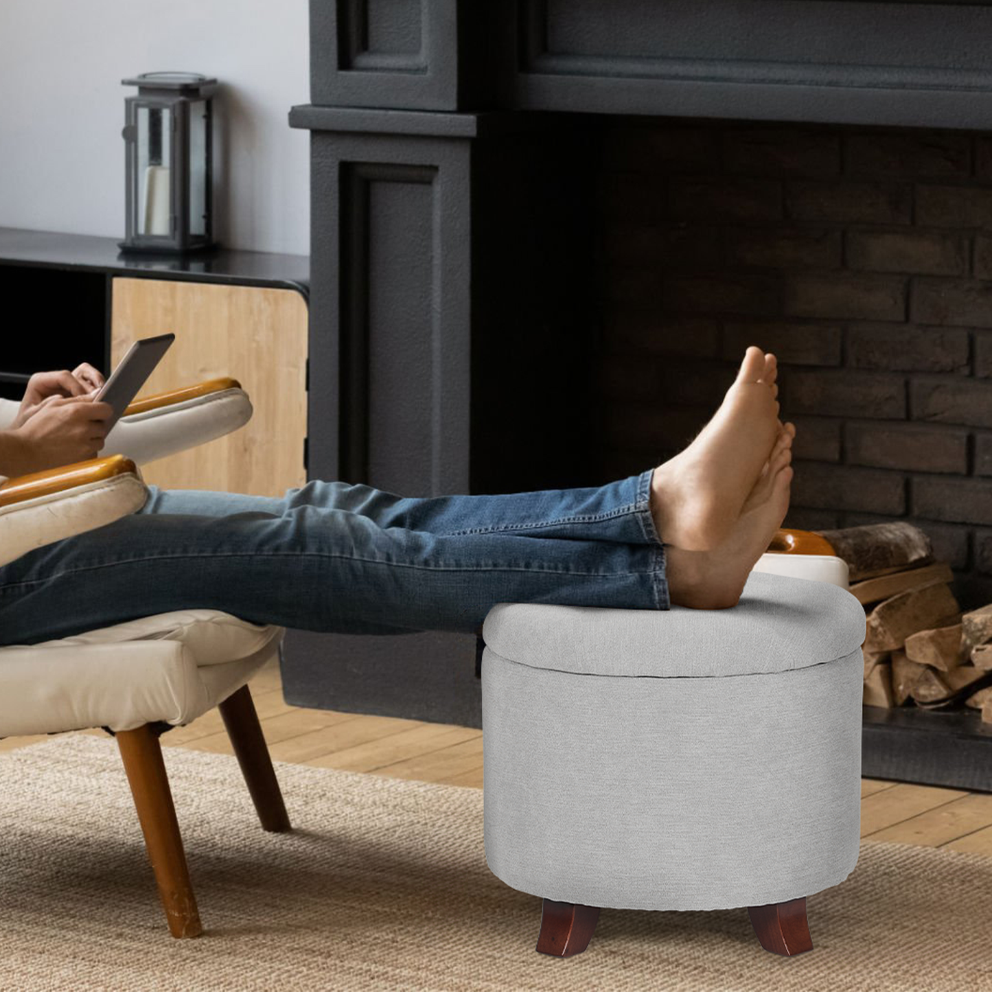 High Elastic Sponge Storage Ottoman 220 lbs Capacity - (L)20.0in. (W)20.0in. (H)17.0in. - Linen