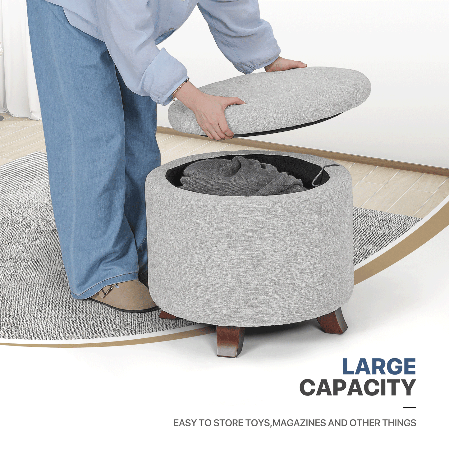 High Elastic Sponge Storage Ottoman 220 lbs Capacity - (L)20.0in. (W)20.0in. (H)17.0in. - Linen