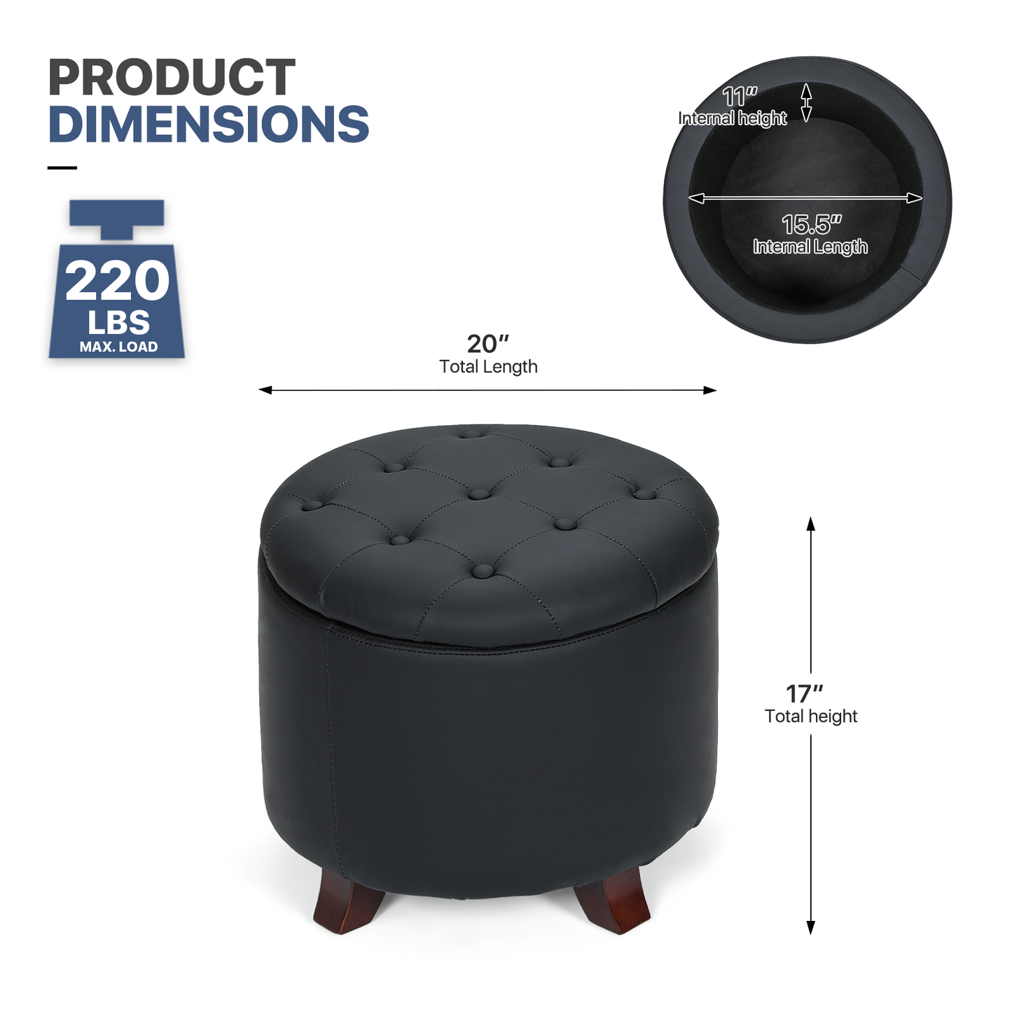 High Elastic Sponge Storage Ottoman 220 lbs Capacity - (L)20.0in. (W)20.0in. (H)17.0in. - PU
