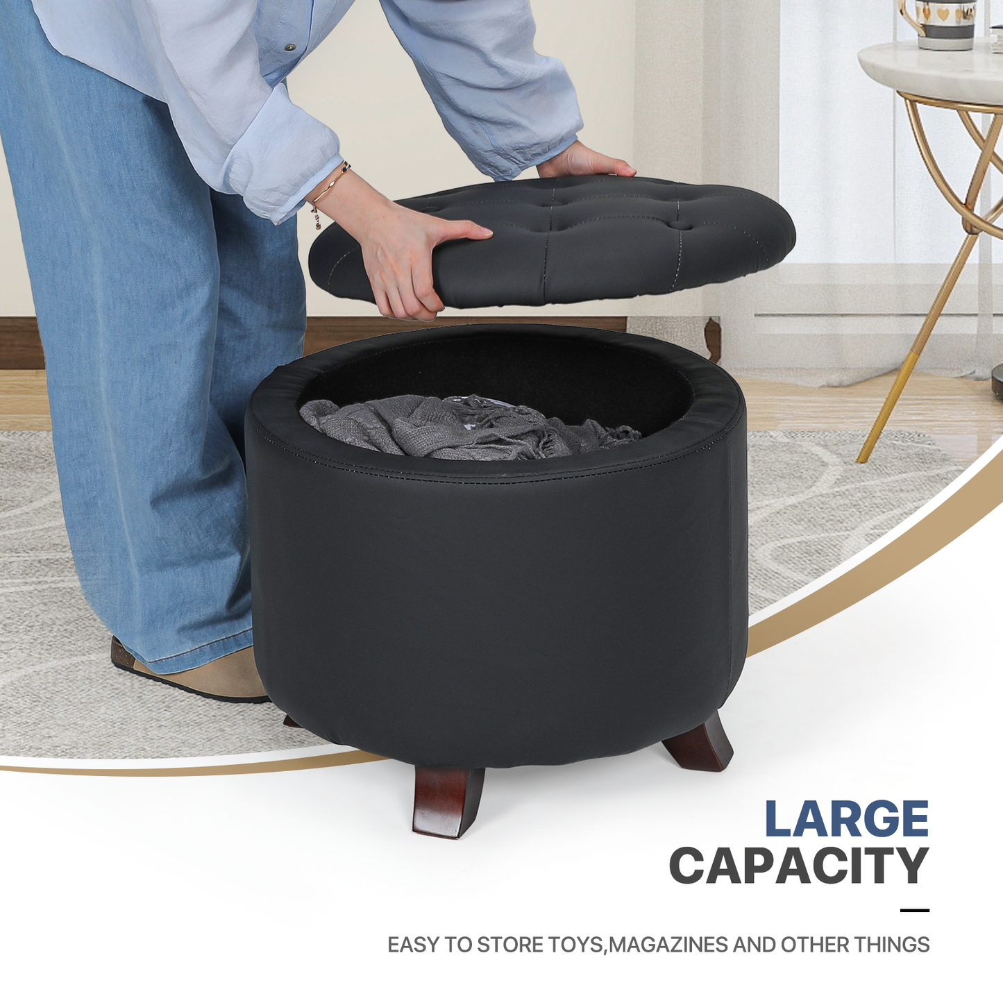 High Elastic Sponge Storage Ottoman 220 lbs Capacity - (L)20.0in. (W)20.0in. (H)17.0in. - PU