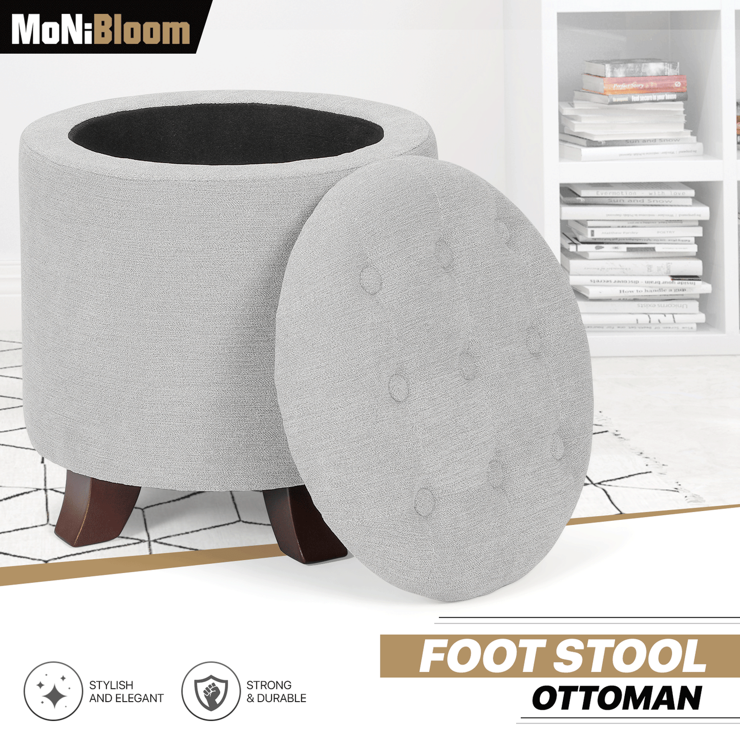 High Elastic Sponge Storage Ottoman 220 lbs Capacity - (L)15.5in. (W)15.5in. (H)17.0in. - Linen