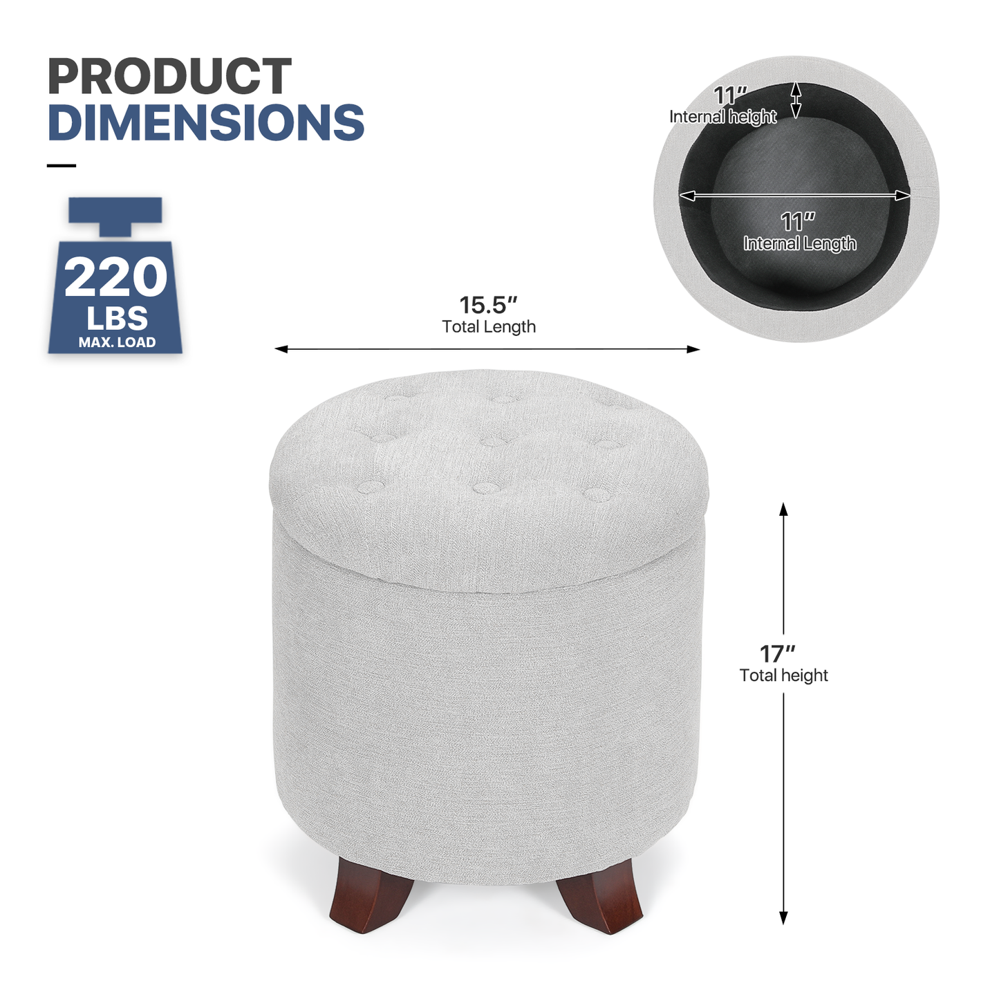 High Elastic Sponge Storage Ottoman 220 lbs Capacity - (L)15.5in. (W)15.5in. (H)17.0in. - Linen