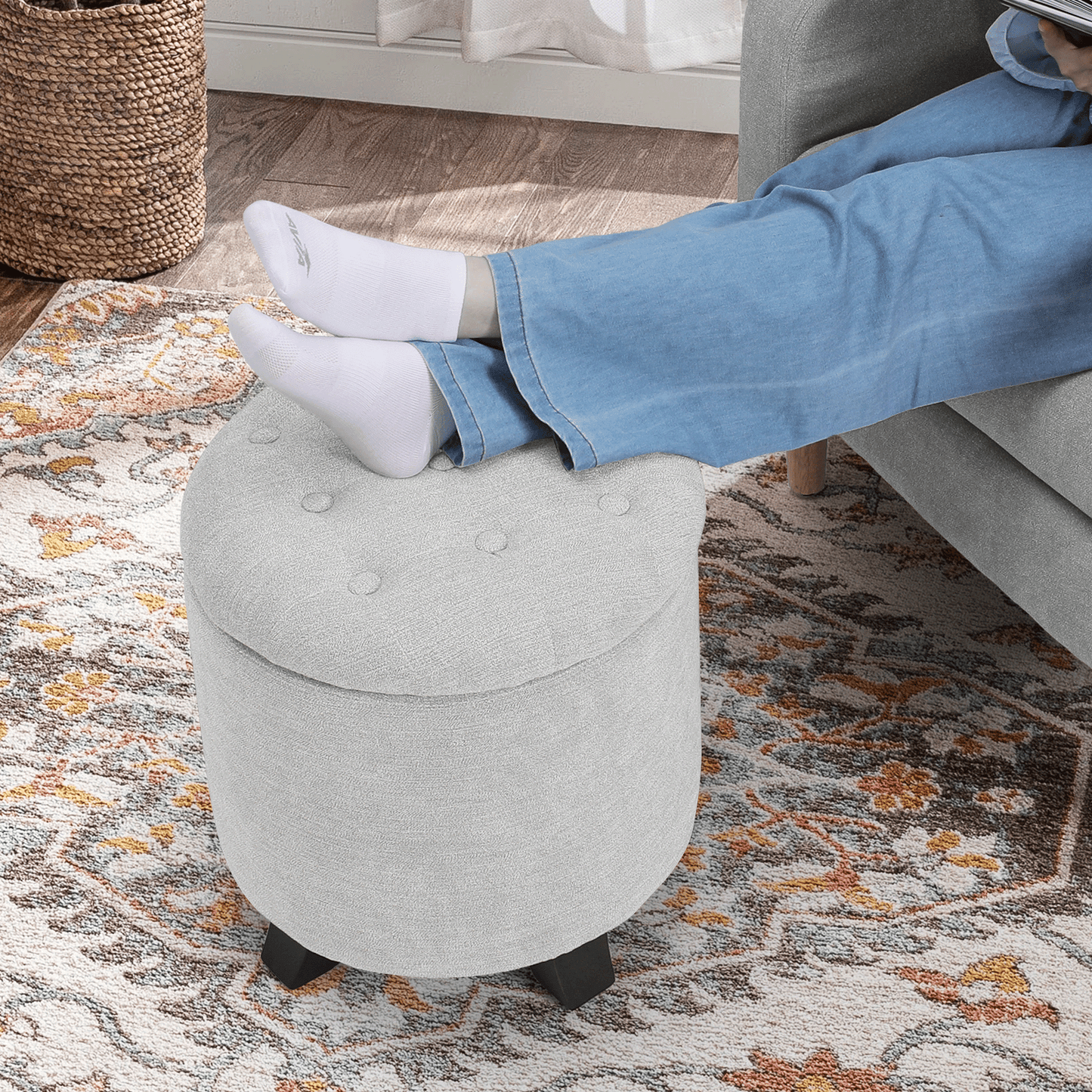 High Elastic Sponge Storage Ottoman 220 lbs Capacity - (L)15.5in. (W)15.5in. (H)17.0in. - Linen
