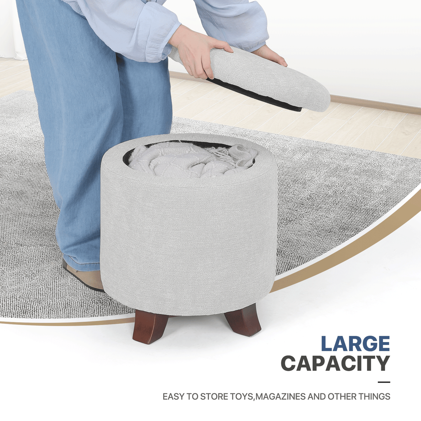 High Elastic Sponge Storage Ottoman 220 lbs Capacity - (L)15.5in. (W)15.5in. (H)17.0in. - Linen