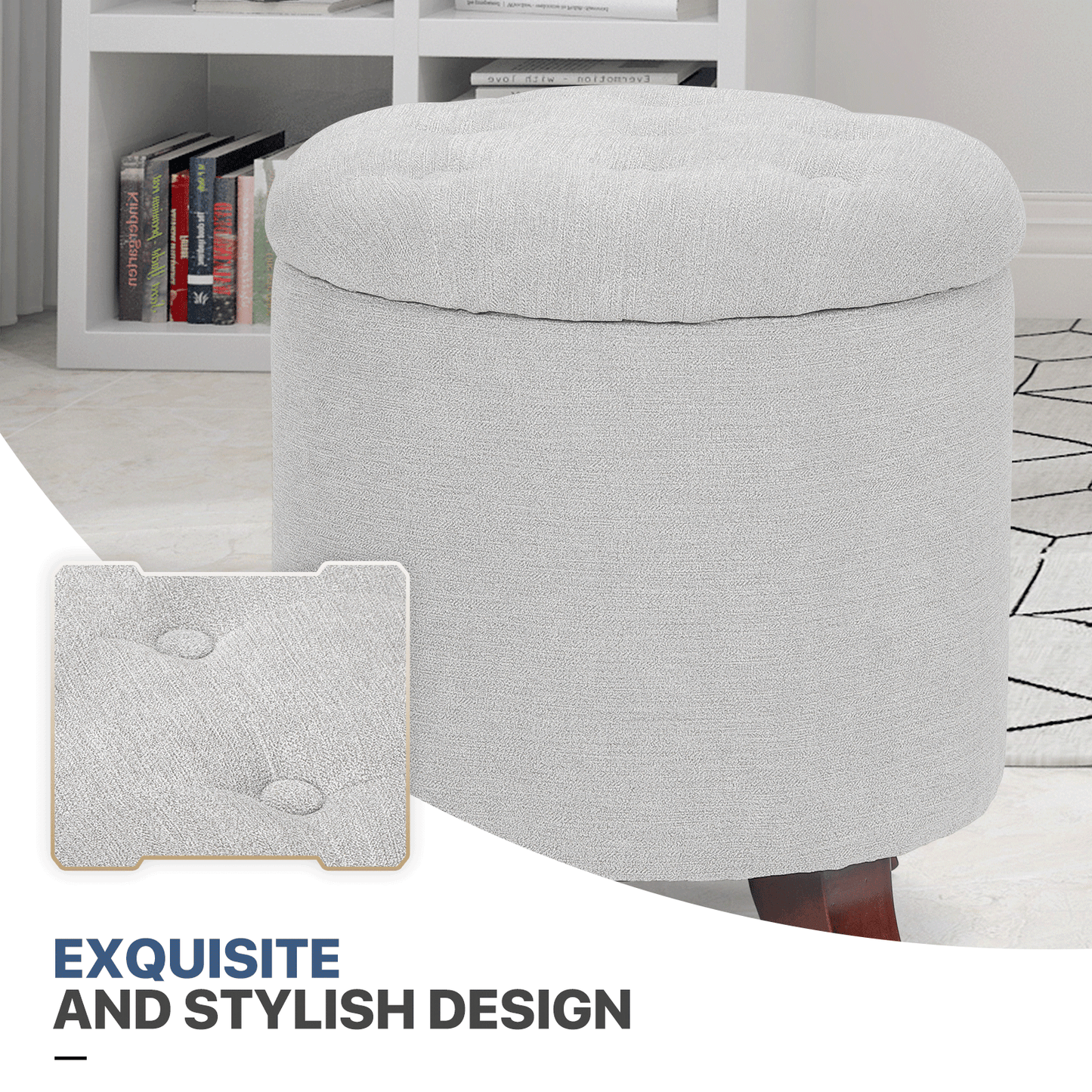 High Elastic Sponge Storage Ottoman 220 lbs Capacity - (L)15.5in. (W)15.5in. (H)17.0in. - Linen