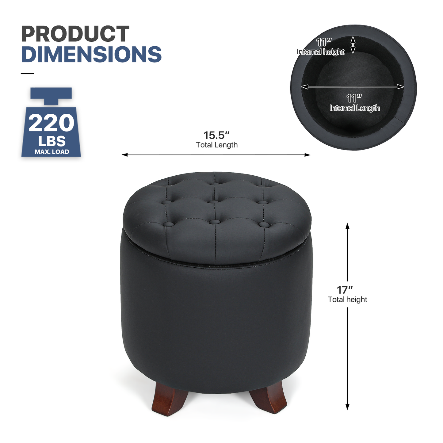High Elastic Sponge Storage Ottoman 220 lbs Capacity - (L)15.5in. (W)15.5in. (H)17.0in. - PU