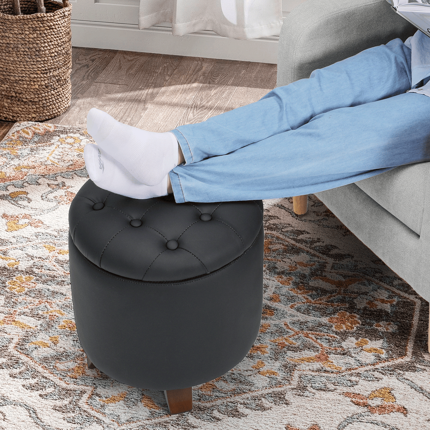 High Elastic Sponge Storage Ottoman 220 lbs Capacity - (L)15.5in. (W)15.5in. (H)17.0in. - PU