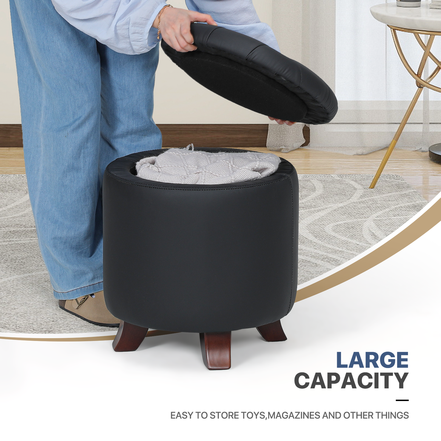 High Elastic Sponge Storage Ottoman 220 lbs Capacity - (L)15.5in. (W)15.5in. (H)17.0in. - PU