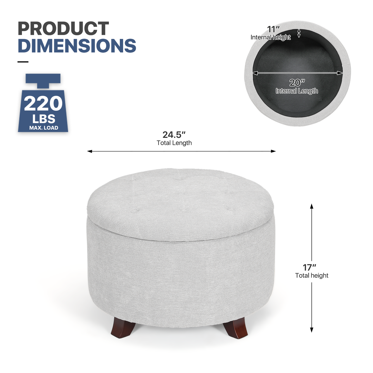 High Elastic Sponge Storage Ottoman 220 lbs Capacity - (L)24.5in. (W)24.5in. (H)17.0in. - Linen
