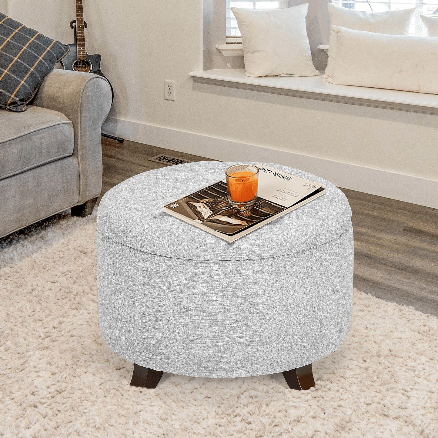 High Elastic Sponge Storage Ottoman 220 lbs Capacity - (L)24.5in. (W)24.5in. (H)17.0in. - Linen