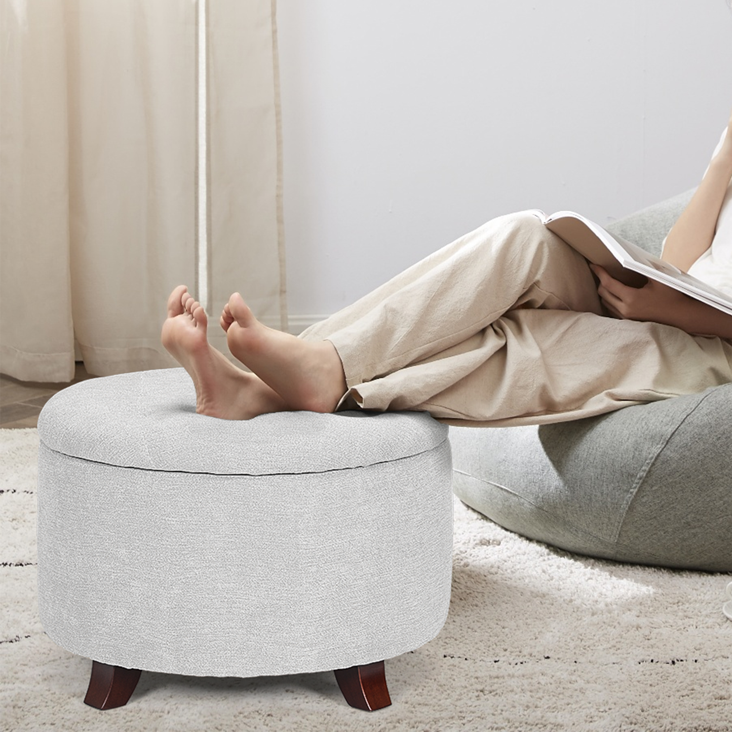 High Elastic Sponge Storage Ottoman 220 lbs Capacity - (L)24.5in. (W)24.5in. (H)17.0in. - Linen