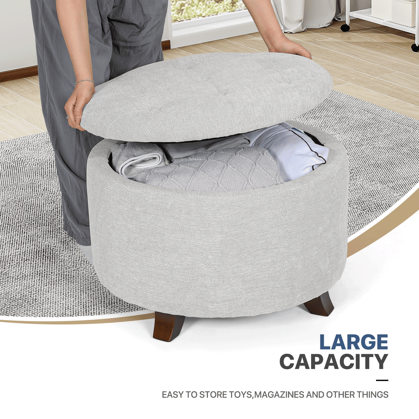 High Elastic Sponge Storage Ottoman 220 lbs Capacity - (L)24.5in. (W)24.5in. (H)17.0in. - Linen