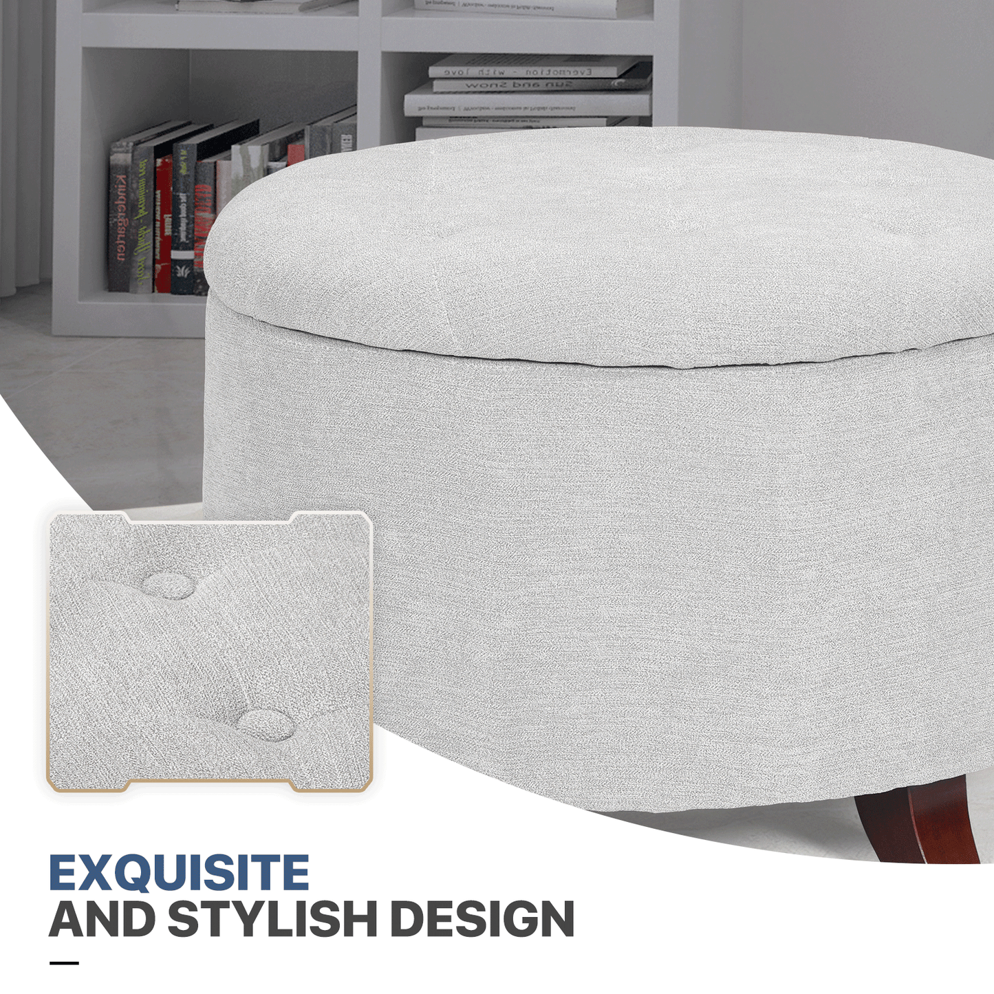 High Elastic Sponge Storage Ottoman 220 lbs Capacity - (L)24.5in. (W)24.5in. (H)17.0in. - Linen