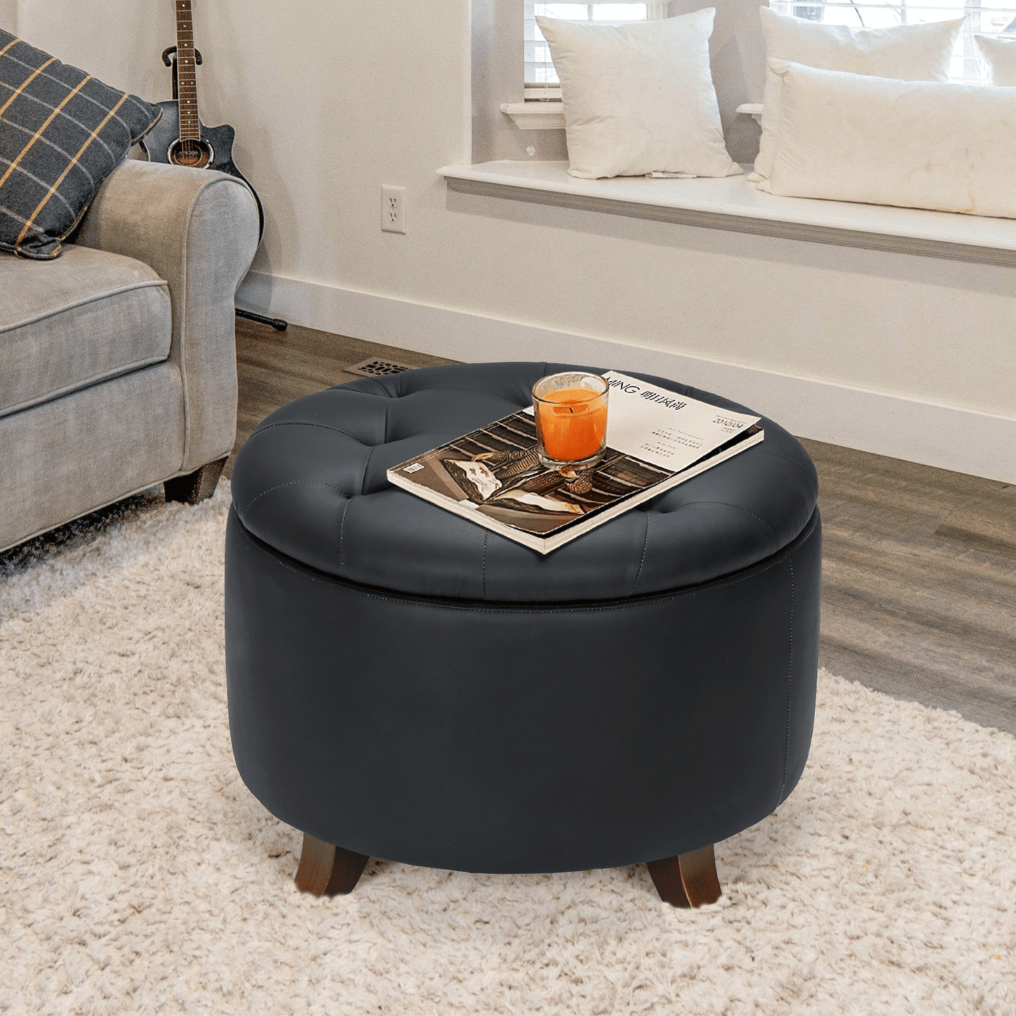 High Elastic Sponge Storage Ottoman 220 lbs Capacity - (L)24.5in. (W)24.5in. (H)17.0in. - PU