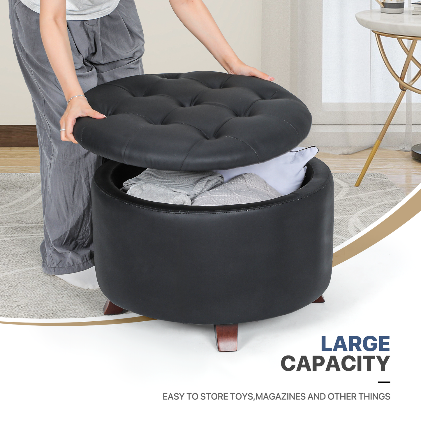 High Elastic Sponge Storage Ottoman 220 lbs Capacity - (L)24.5in. (W)24.5in. (H)17.0in. - PU